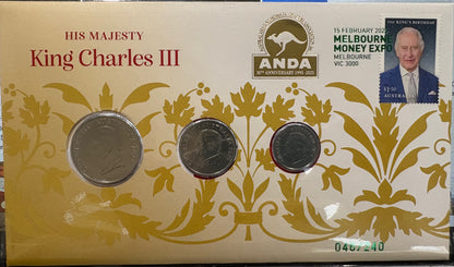 2025 His Majesty King Charles III - Melbourne ANDA Money Expo 20, 10 and 5 cent Three Coin Postal Numismatic Cover (PNC)