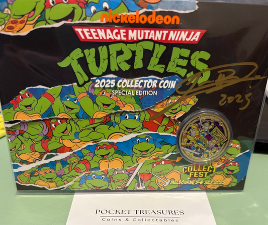 Teenage Mutant Ninja Turtles 2025 Collector Coin with packaging featuring the turtles and Nickelodeon logo.