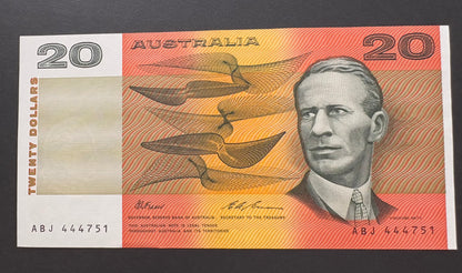 1993 $20 Australia Paper Bank note - General Prefix - Fraser Evans ABJ 444751