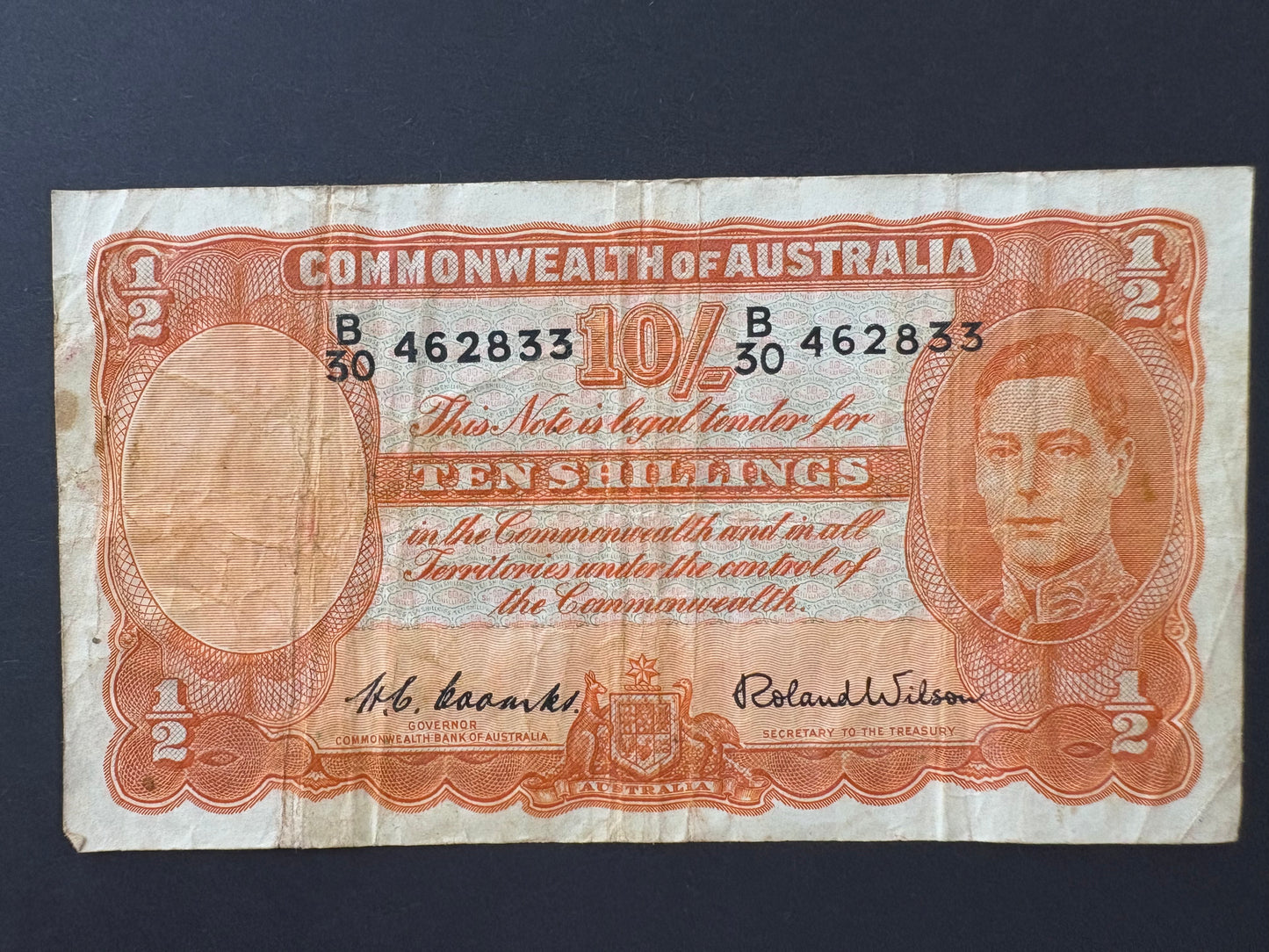 1952 Australian Ten Shillings Note - Coombs / Wilson - B30 462833