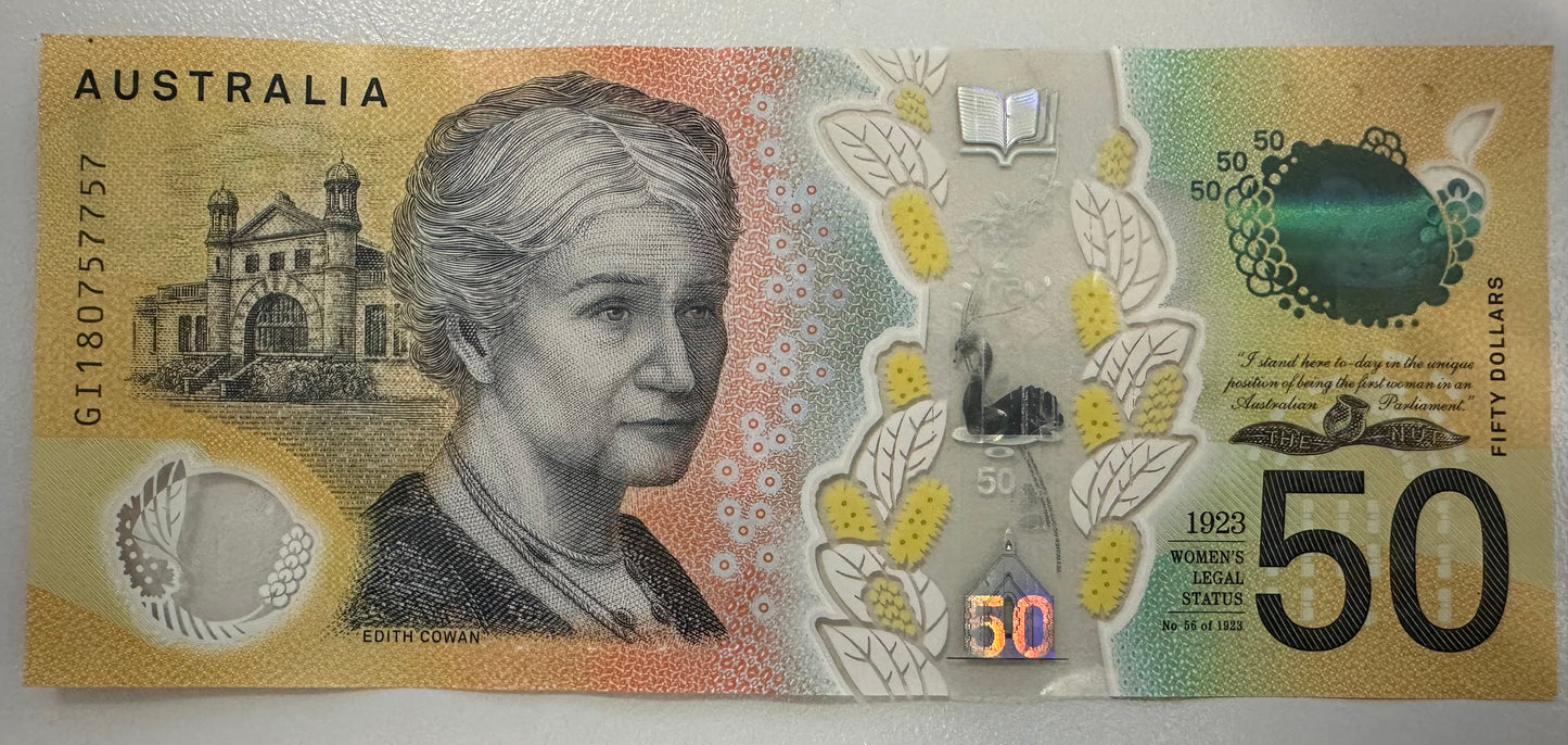 2018 $50 Polymer Note - 6 Digit Radar GI 180757757