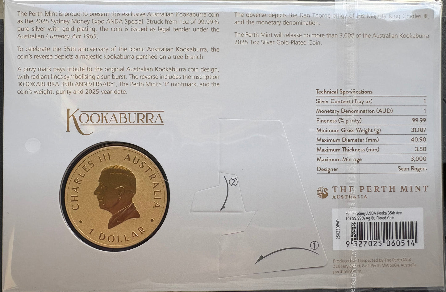2025 $1 35th Anniversary of the Australian Kookaburra 1oz Silver Gold Plated Coin in Card Sydney Money Expo ANDA Special (Perth Mint)