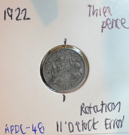 1922 Australian Three Pence - 92.5% Silver - Rotation Error