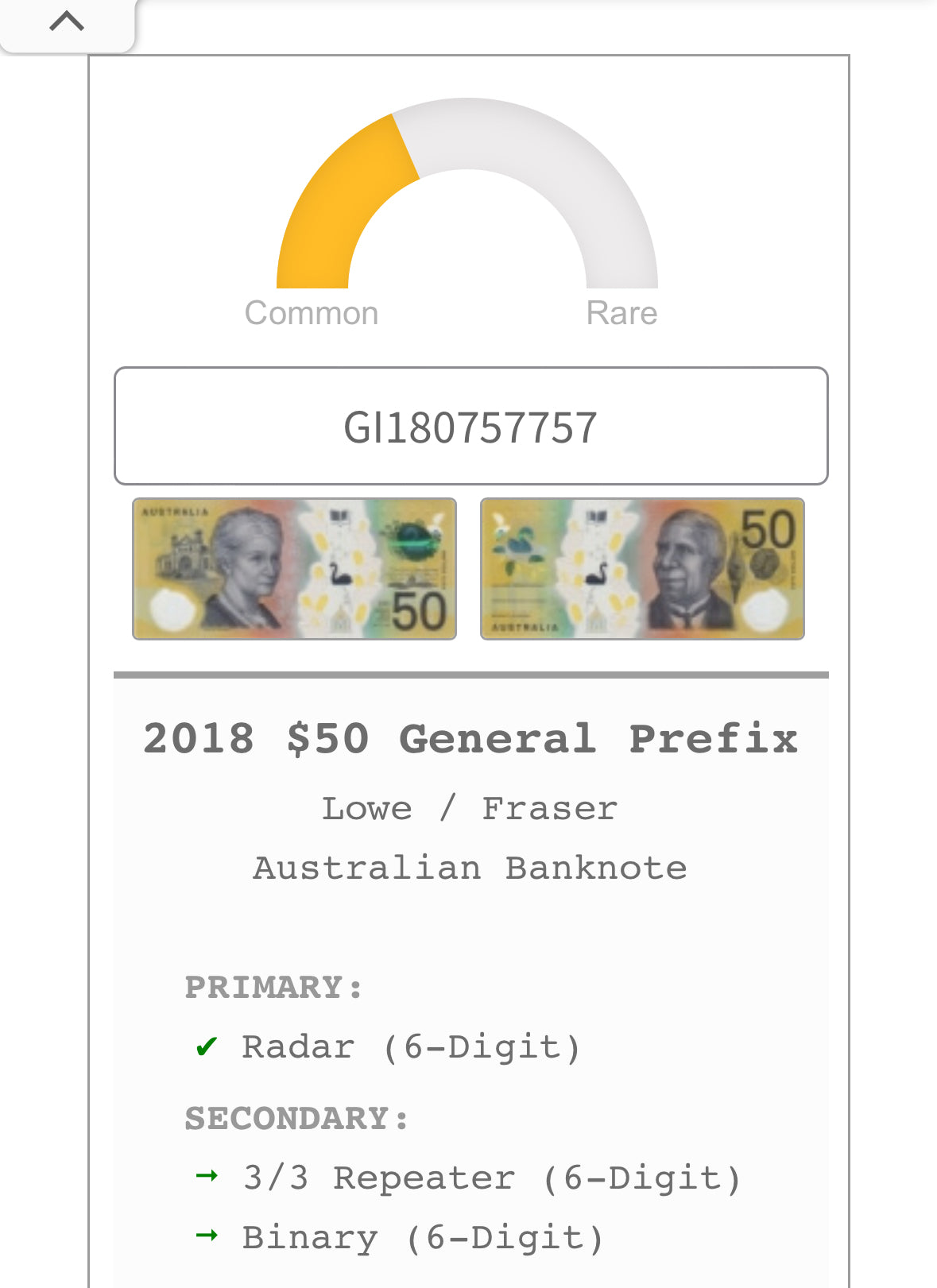 2018 $50 Polymer Note - 6 Digit Radar GI 180757757