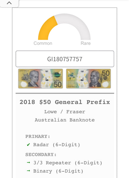 2018 $50 Polymer Note - 6 Digit Radar GI 180757757