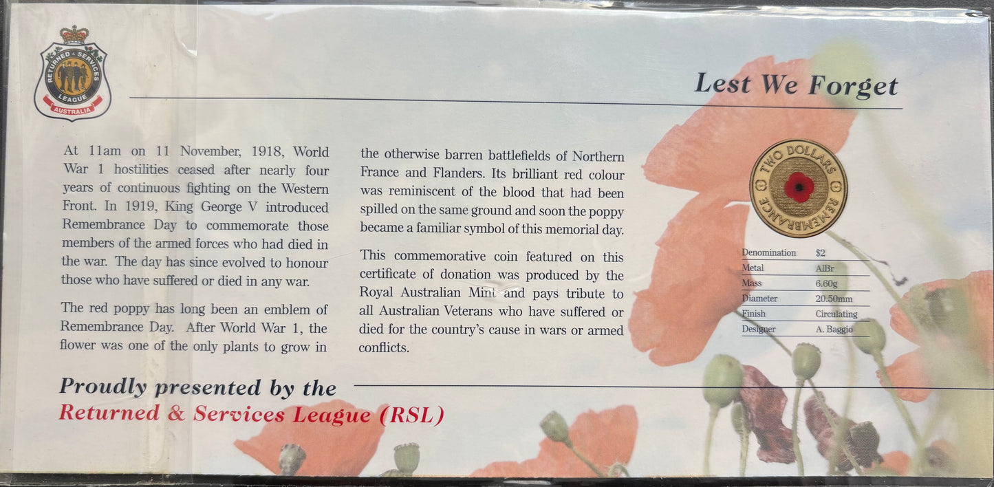 2012 $2 Remembrance Red Poppy Uncirculated Coin in RSL Card