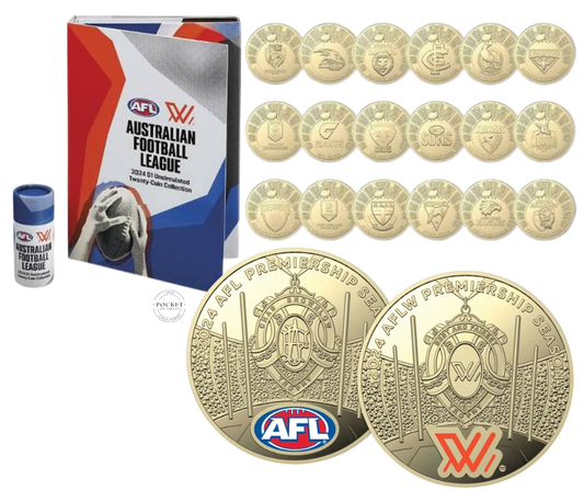 2024 AFL $1 Collector Coin Set – Complete 20-Coin Folder - INCLUDE X2 COLOURED COINS