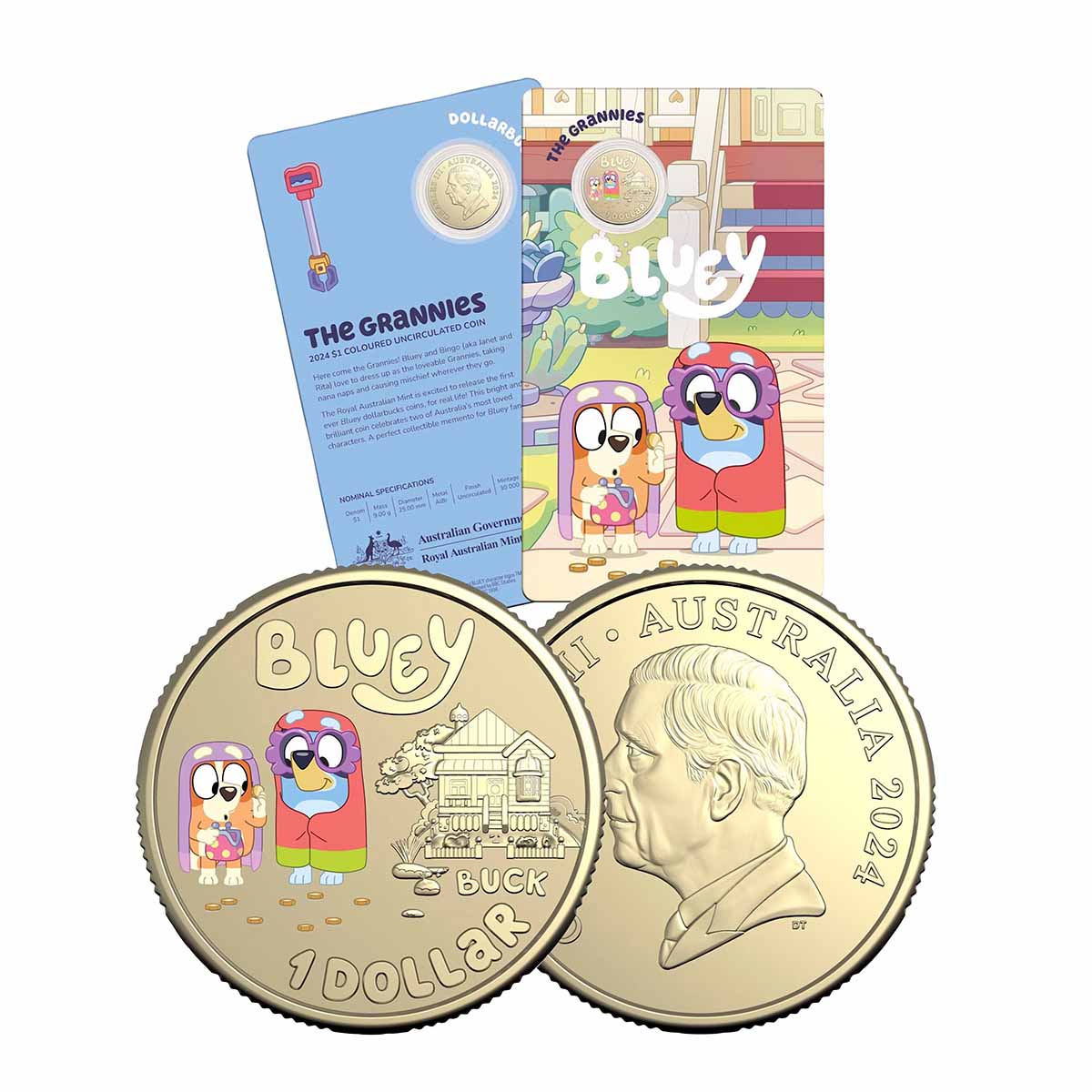 2024 $1 Bluey Dollarbucks “The Grannies” Coloured Coin-in-Card – UNC