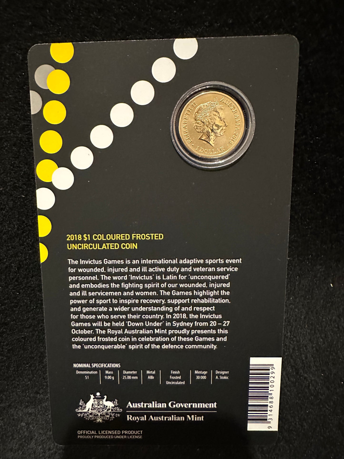 2018 Invictus Games For Our Wounded Warriors One Dollar $1 Uncirculated Coloured Coin on card