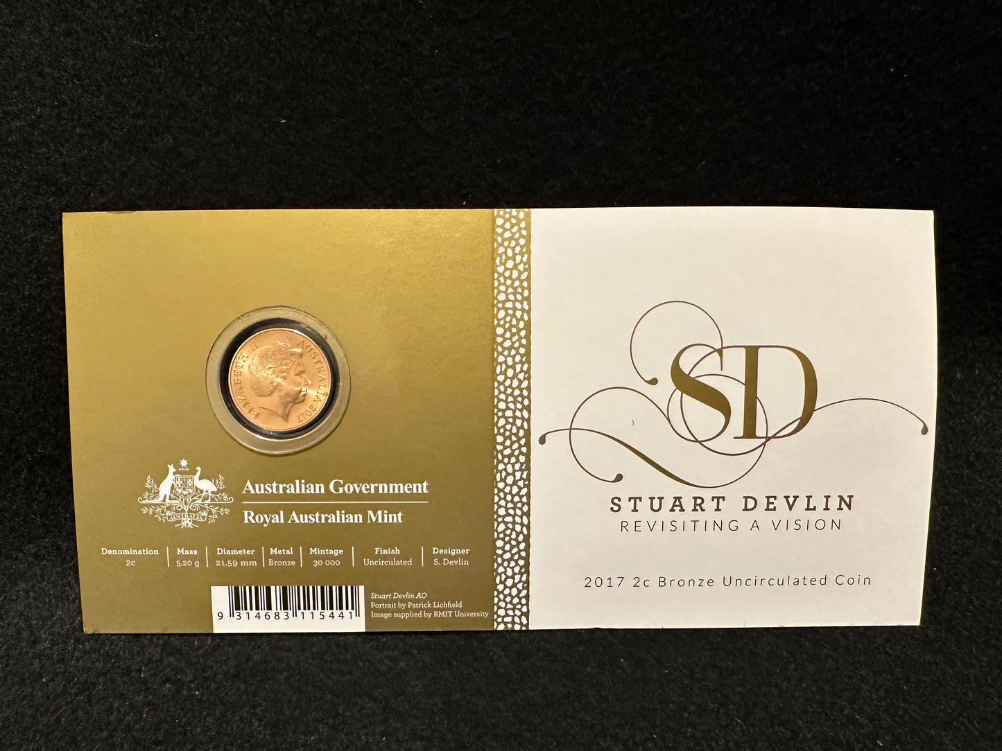 2017 Stuart Devlin Revisiting a Vision Two 2 cent Uncirculated Coin on card