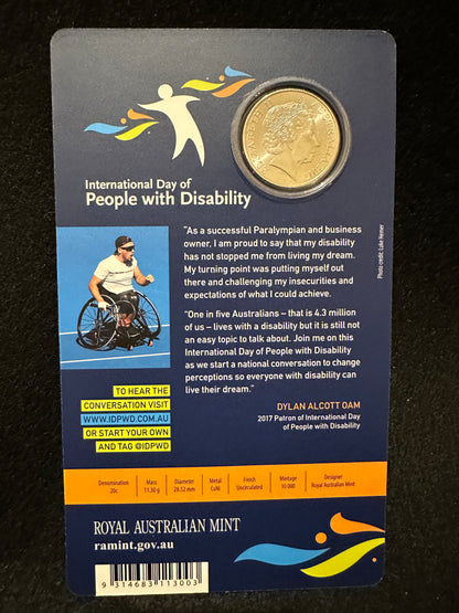 2017 25th Anniversary International Day of People with Disability Twenty 20 cent Uncirculated Coin on card