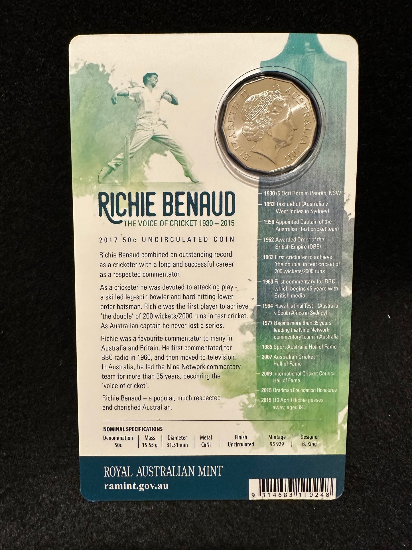 2017 Fifty Cent Richie Benaud (50c) Uncirculated Australian Decimal Coin