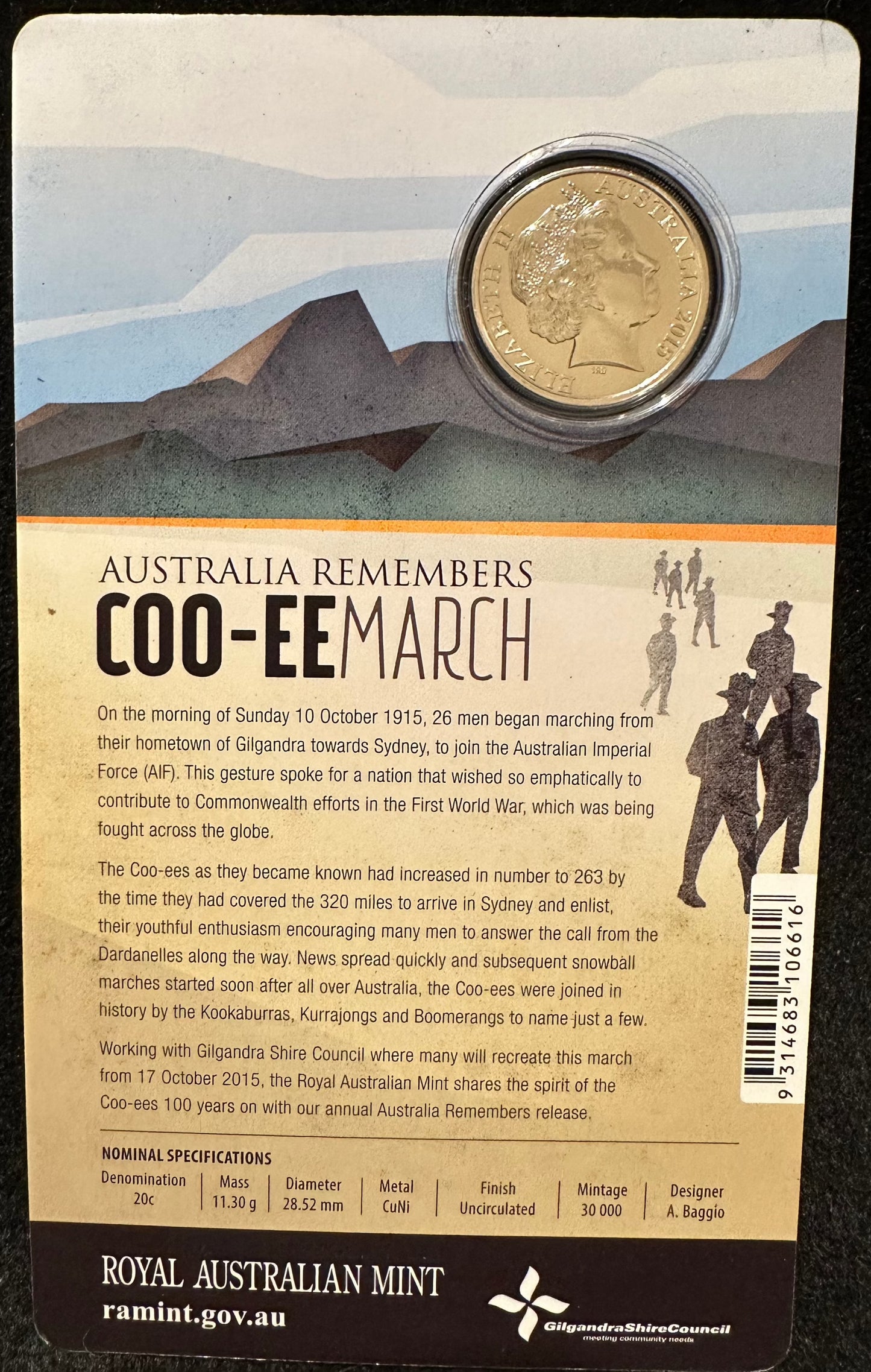 2015 Australians Remember Coo-Ee March Twenty 20 cent Uncirculated Coin on card