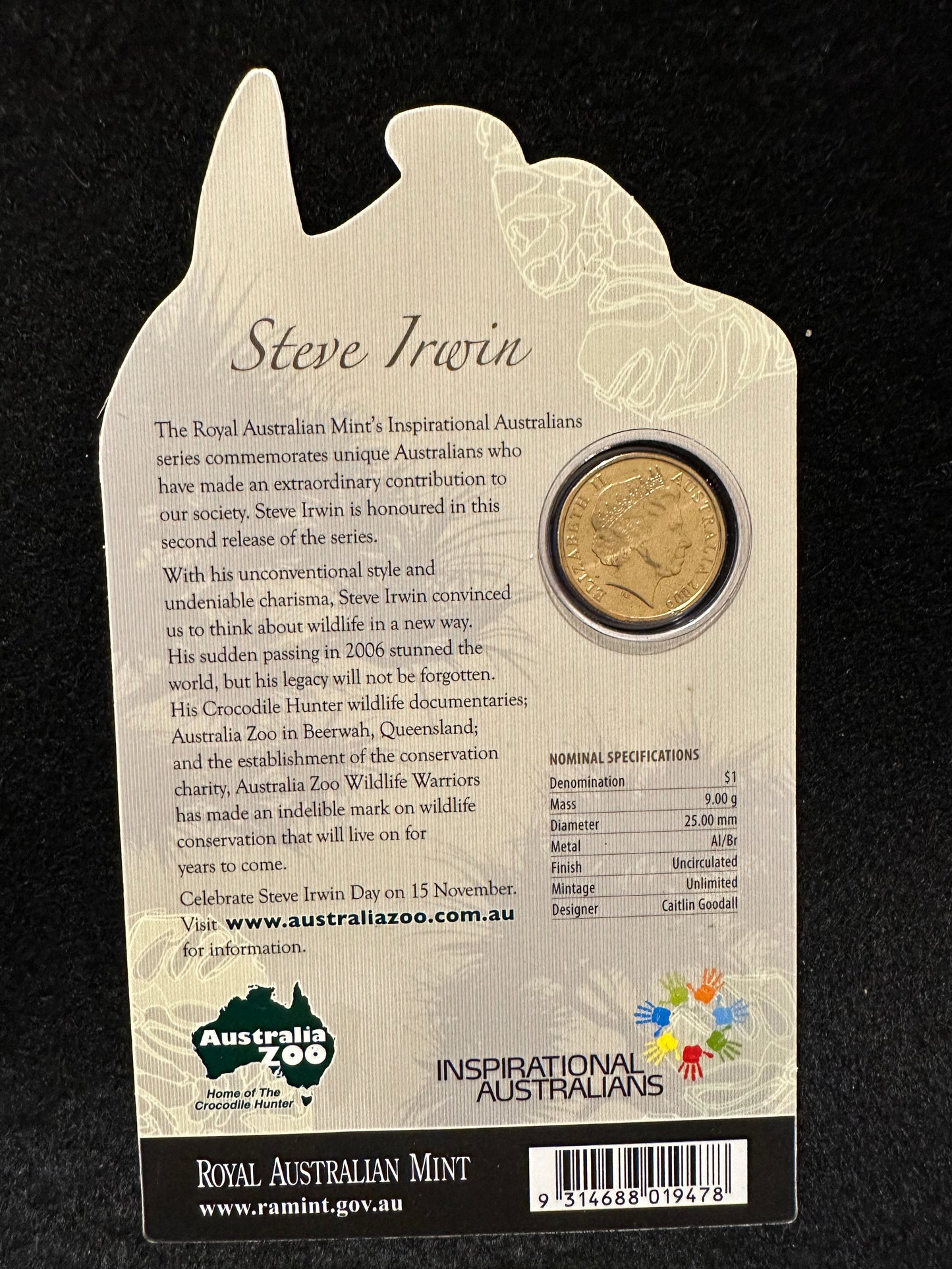 2009 Inspirational Australians - Steve Irwin Al/Bronze $1 Dollar UNC coin on card