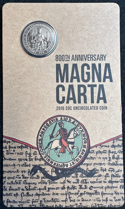 2015 20 cent 800th Anniversary of the Magna Carta coin on card