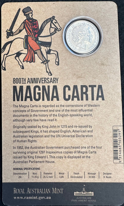 2015 20 cent 800th Anniversary of the Magna Carta coin on card