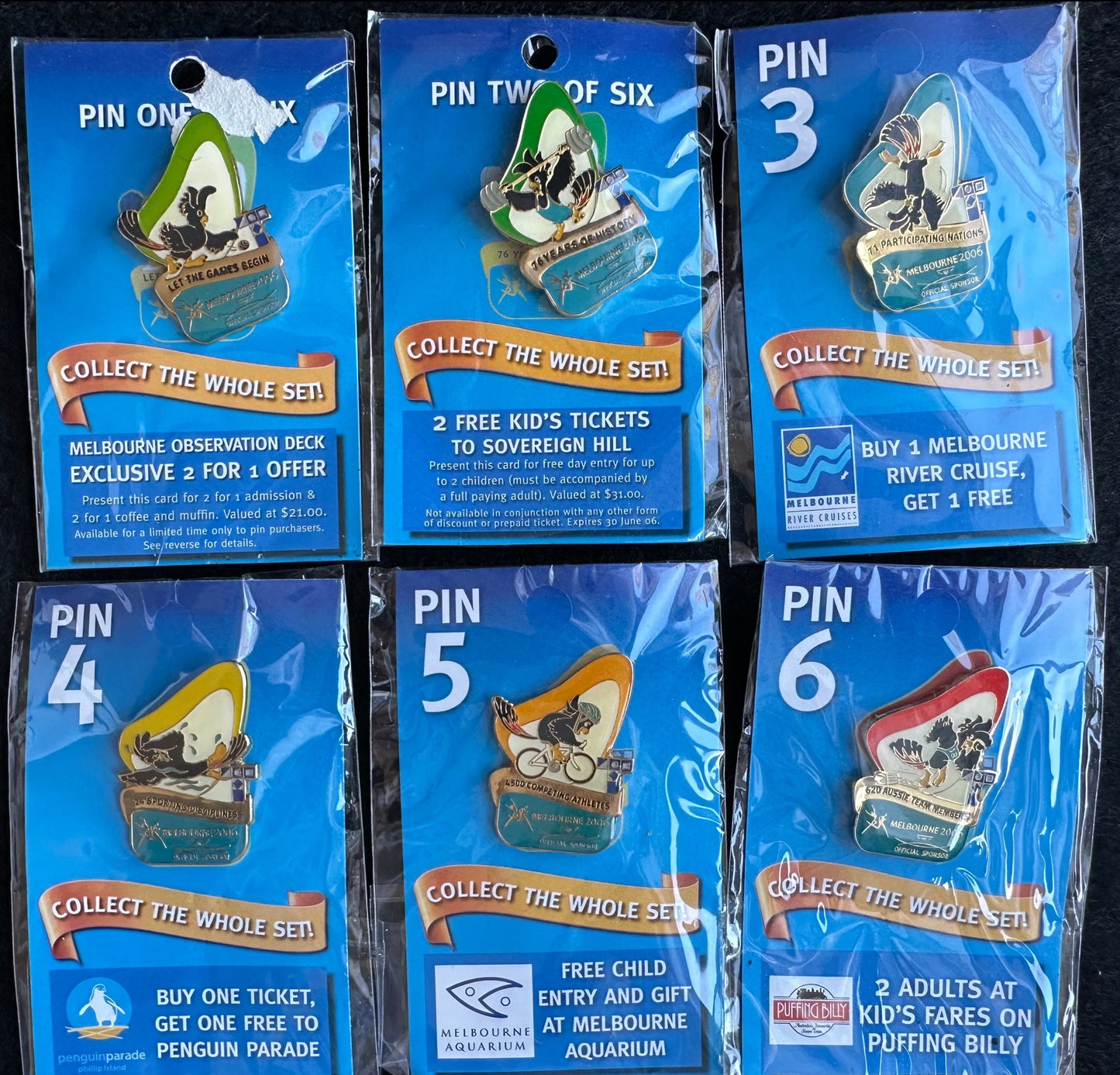 2006 Melbourne Commonwealth Games pin badge 1-6 Set