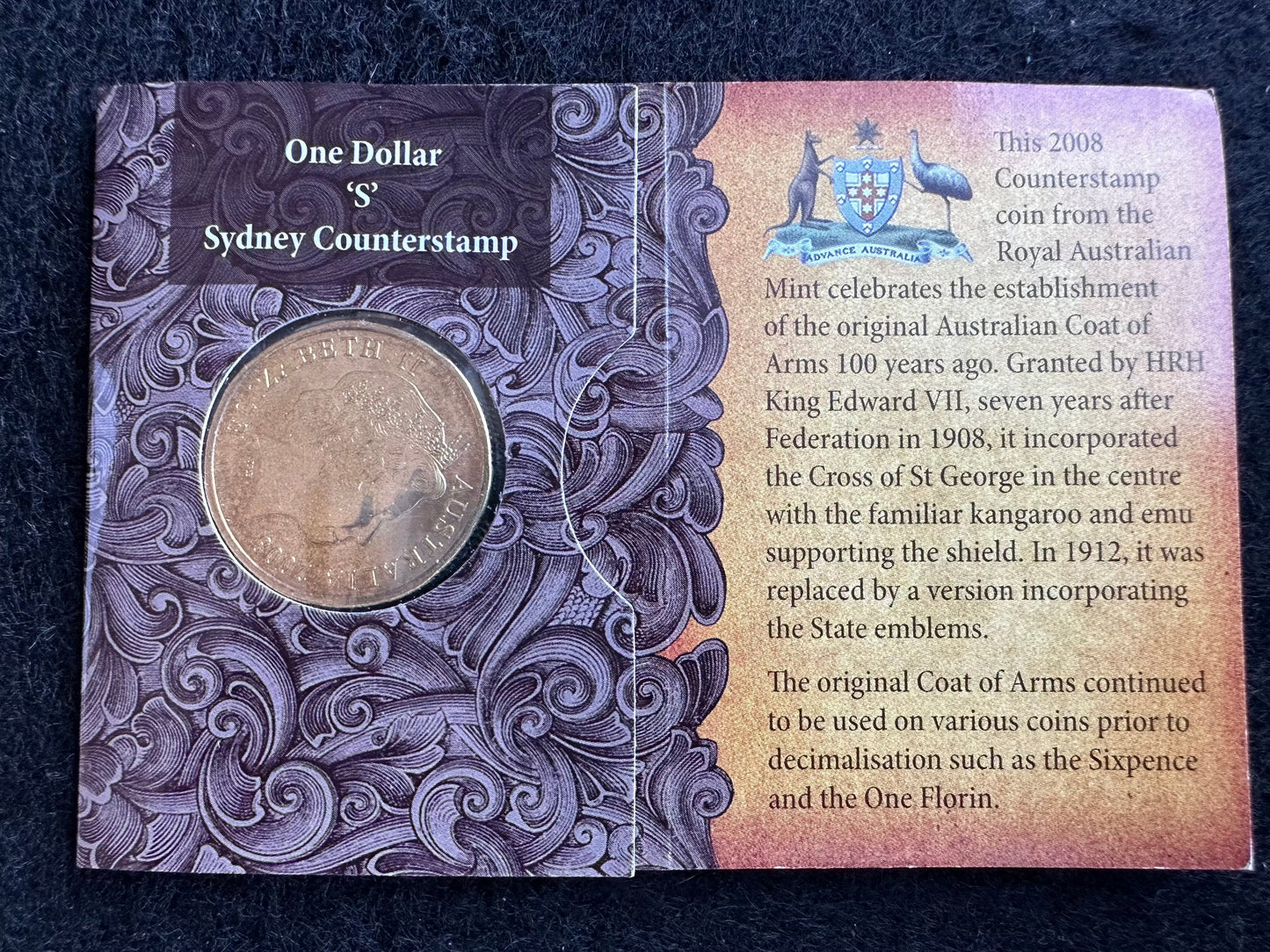 2008 $1 100 Years of Australia's Original Coat of Arms "B,C,M & S" Counterstamp carded coin