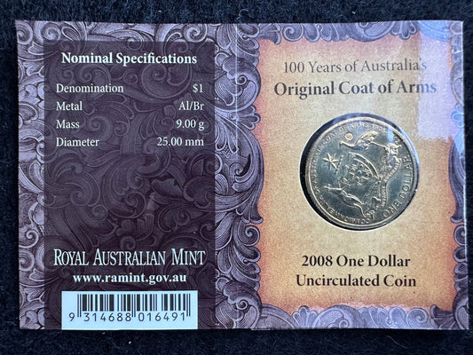 2008 $1 100 Years of Australia's Original Coat of Arms "B,C,M & S" Counterstamp carded coin