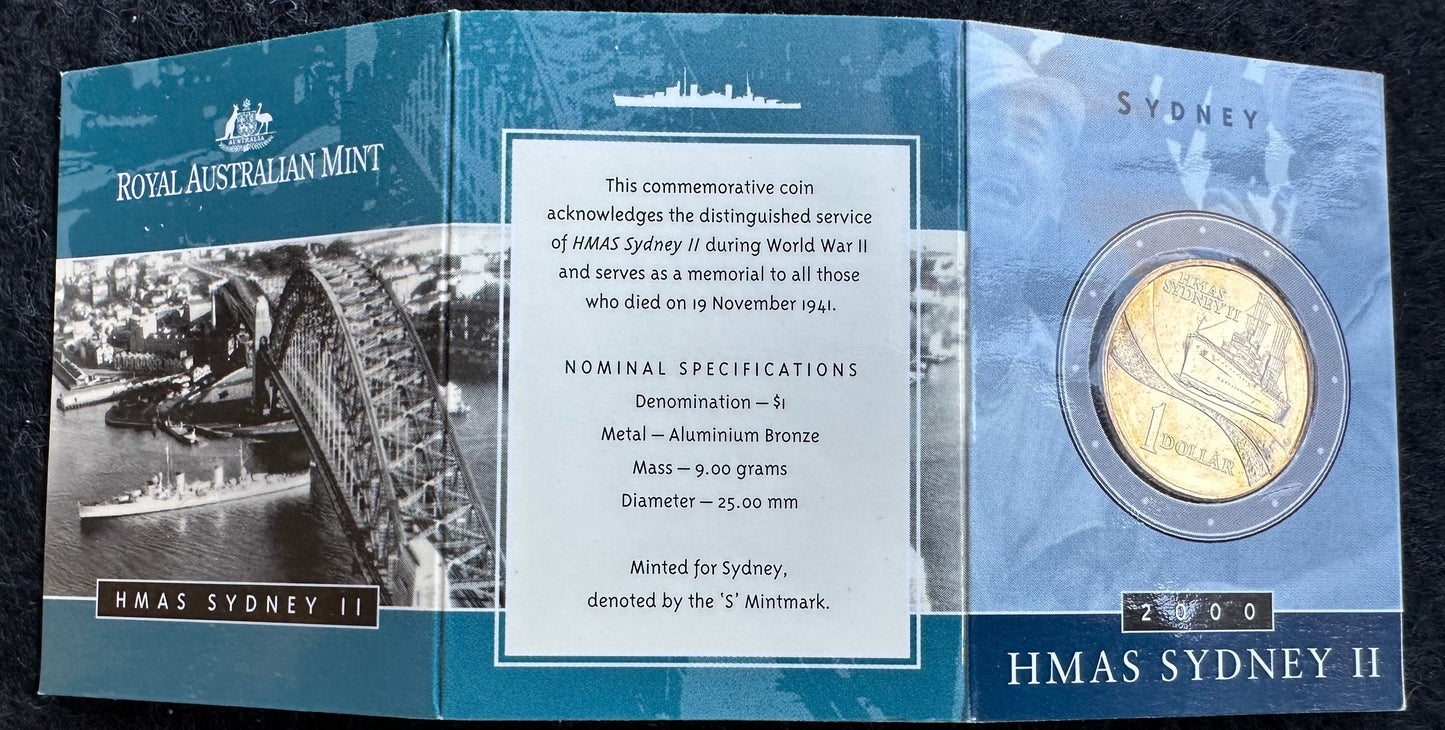 2000 $1 One Dollar HMAS Sydney II Sydney Mintmark carded coin