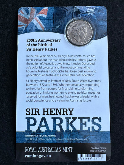 2015 20 cent 200th Anniversary of Sir Henry Parkes UNC