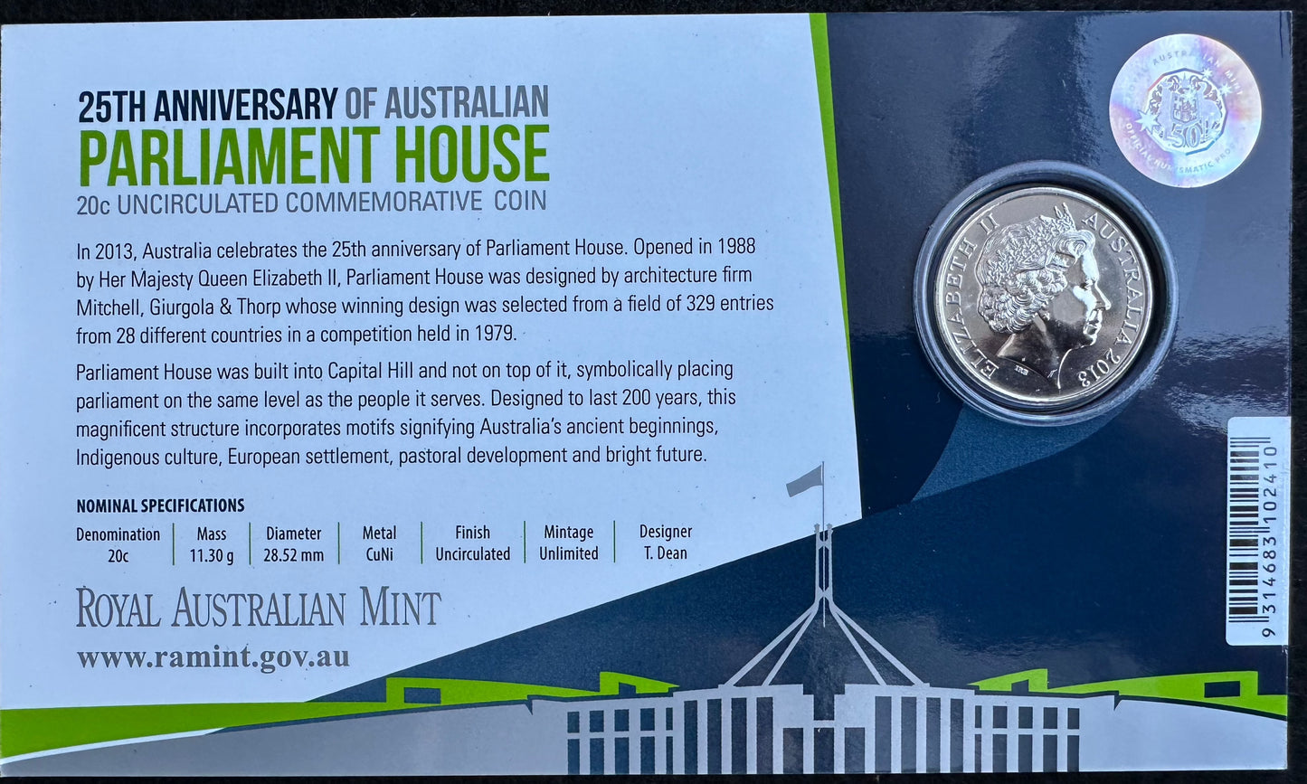 2013 20 cent 25th Anniversary of Parliament House carded coin