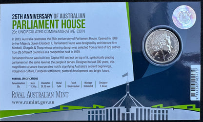 2013 20 cent 25th Anniversary of Parliament House carded coin