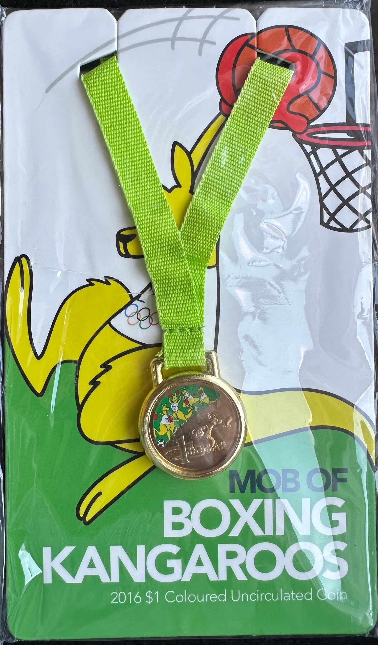 2016 $1 Mob of Boxing Kangaroos Basketball Coloured Uncirculated Coin in Card - Patrick Mills Green Card