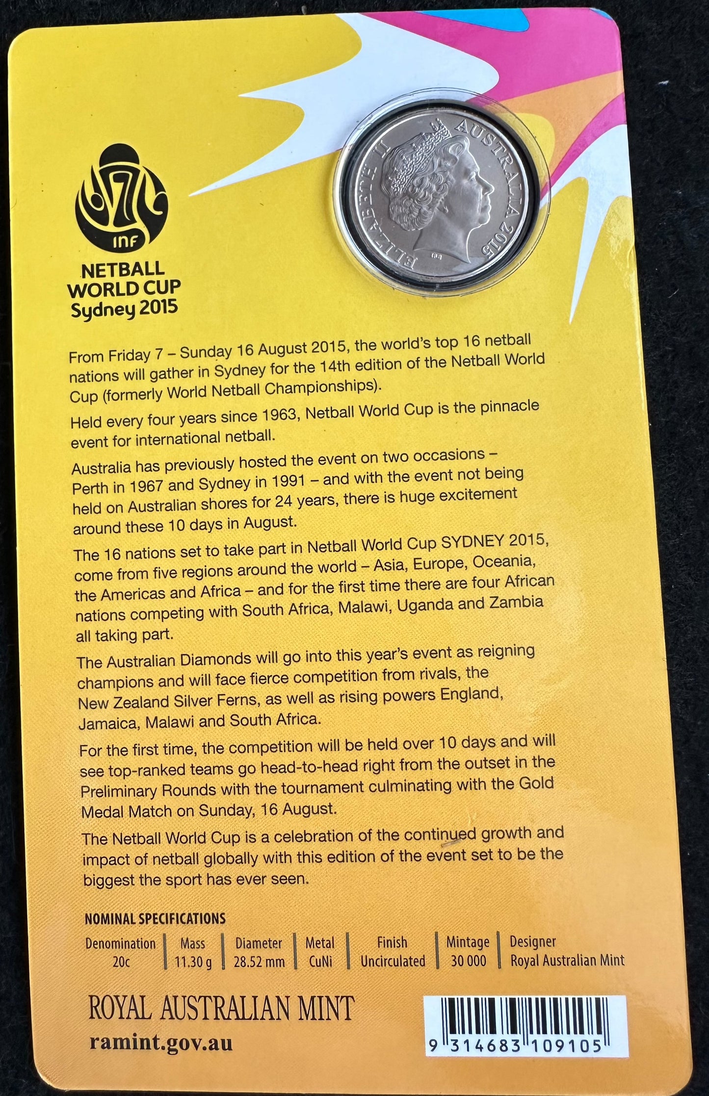 2015 20c Netball World Cup Uncirculated Coin