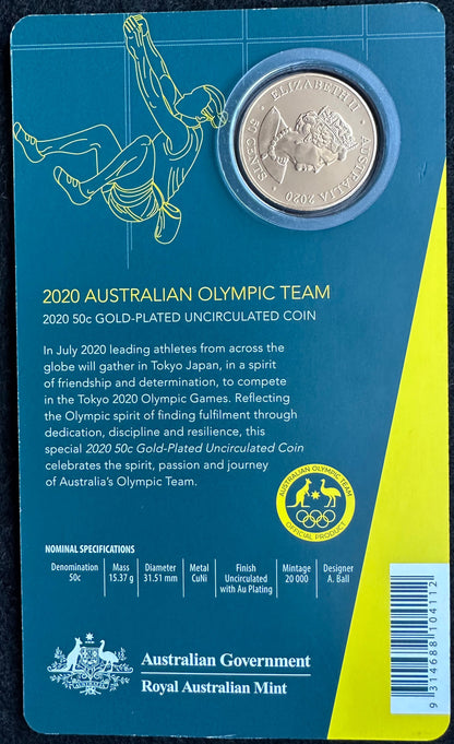 2020 Gold Plated 50 cent Australian Olympic team Carded Coin