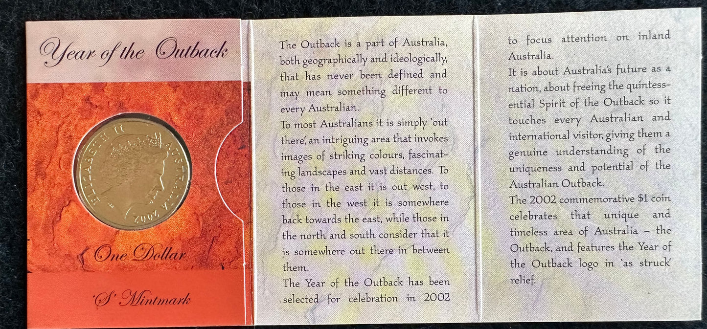 2002 Year of The Outback $1 One Dollar Coin in trifold card. “S Mint Mark”