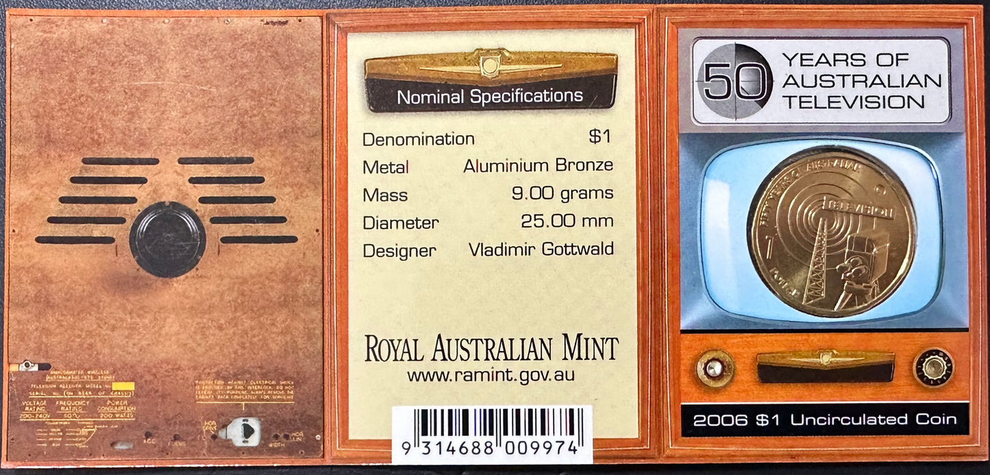 2006 50 Years of Australian Television "C Mintmark" One Dollar Coin in Ram Card