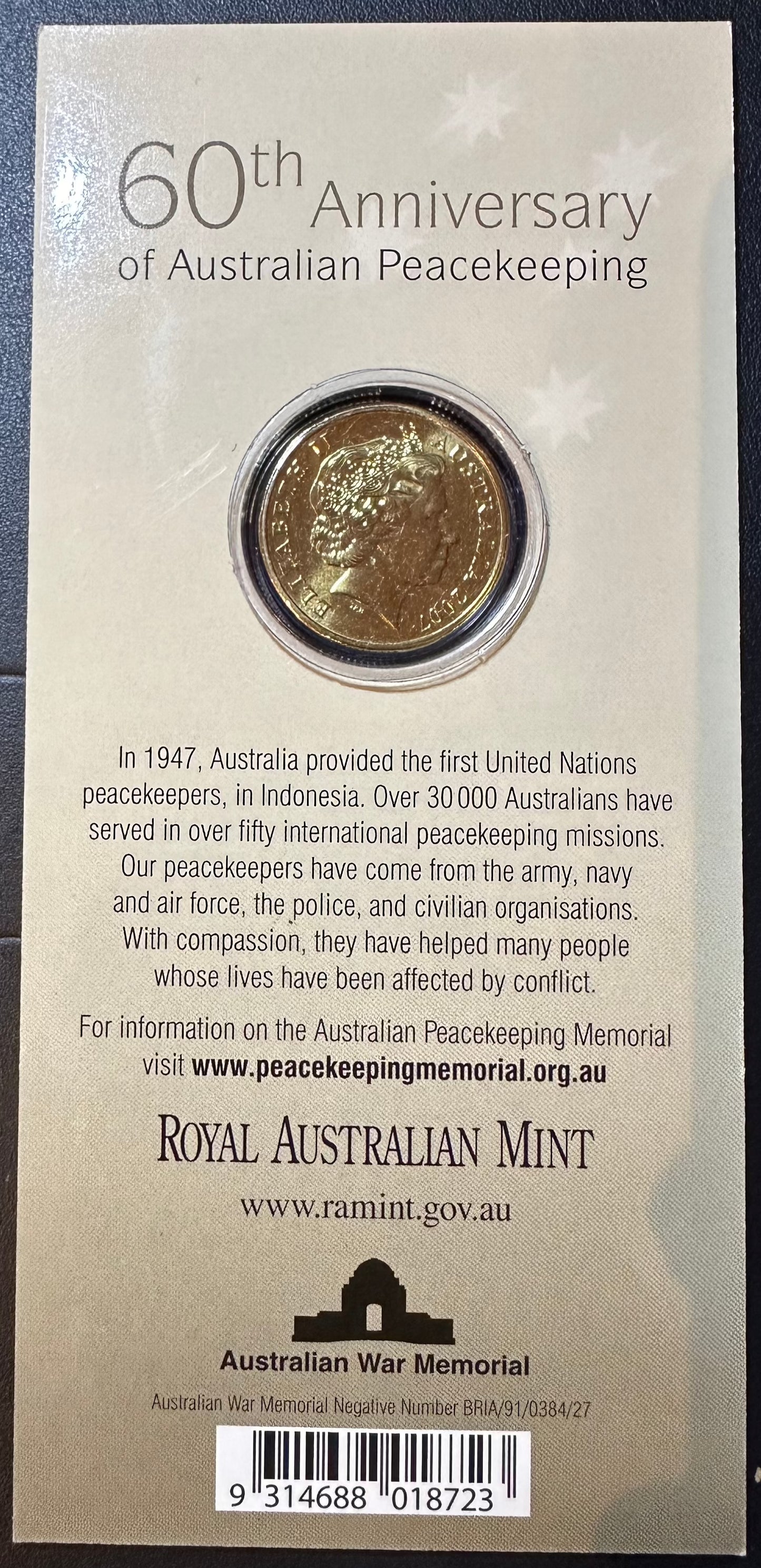 2007 60th Anniversary of Australian Peacekeeping $1 carded coin