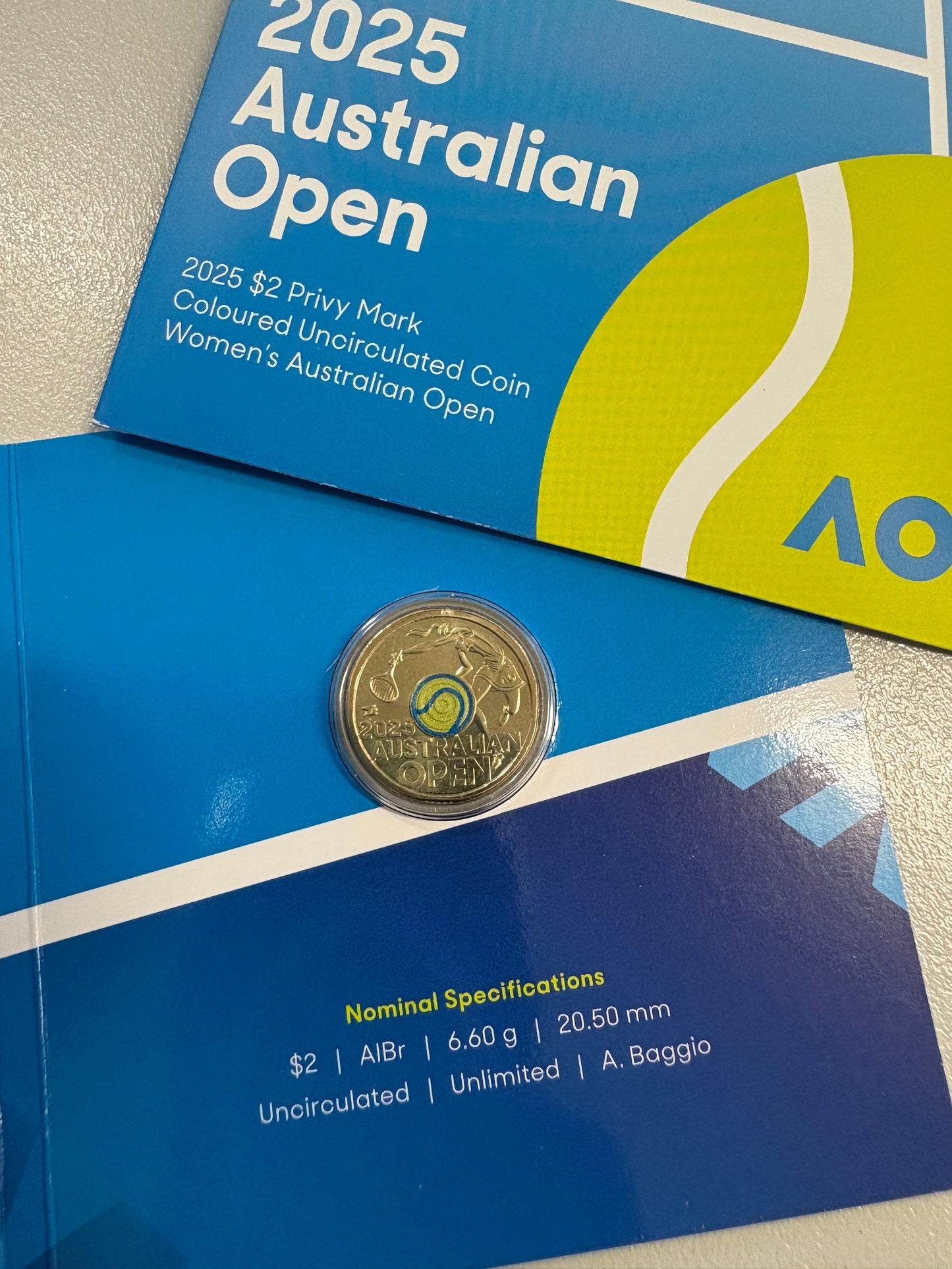 2025 Women’s Australian Open $2 Privy Mark Coin in Folder - SPECIAL YELLOW COLOUR