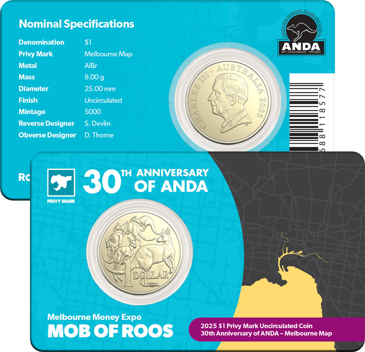 Australia ANDA Melbourne Money Expo 2025 $1 ANDA 30th Anniversary Map of Melbourne Privymark Uncirculated Coin