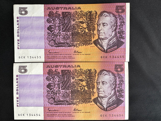 1985 $5 Uncirculated Paper notes - Consecutive run of 2 - General Prefix Johnston/Fraser