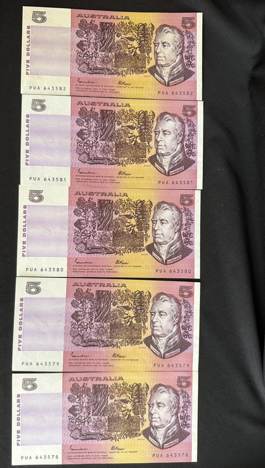 1985 $5 Uncirculated Paper notes Run of 5 Consecutive - General Prefix Johnston/Fraser