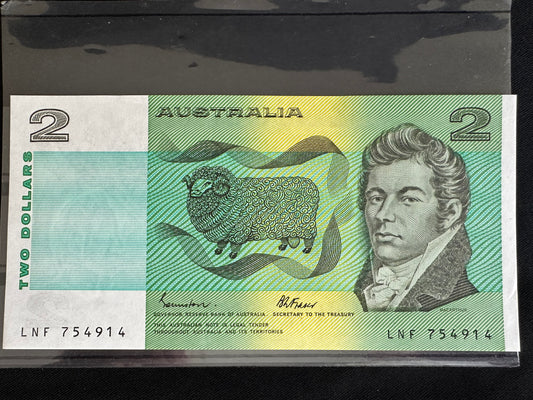1985 $2 Uncirculated Australian Paper note - General Prefix - Johnston/Fraser
