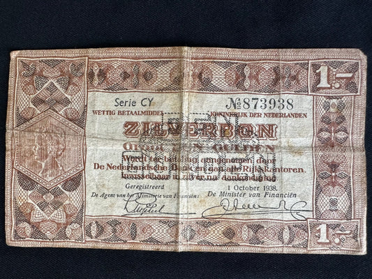 Netherlands 1 Gulden 1938 Circ Paper Banknote. No.873938 Two Letters CY