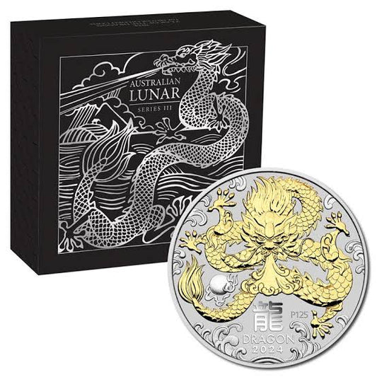 2024 Year Of The Dragon 1oz Silver Gilded Coi