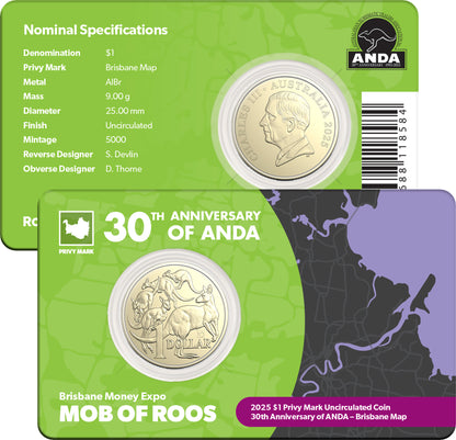Australia ANDA Brisbane Money Expo 2025 $1 ANDA 30th Anniversary Map of Brisbane Privymark Uncirculated Coin