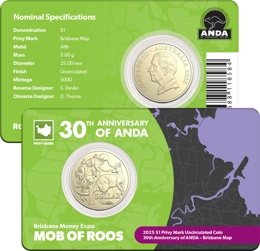 Australia ANDA Brisbane Money Expo 2025 $1 ANDA 30th Anniversary Map of Brisbane Privymark Uncirculated Coin