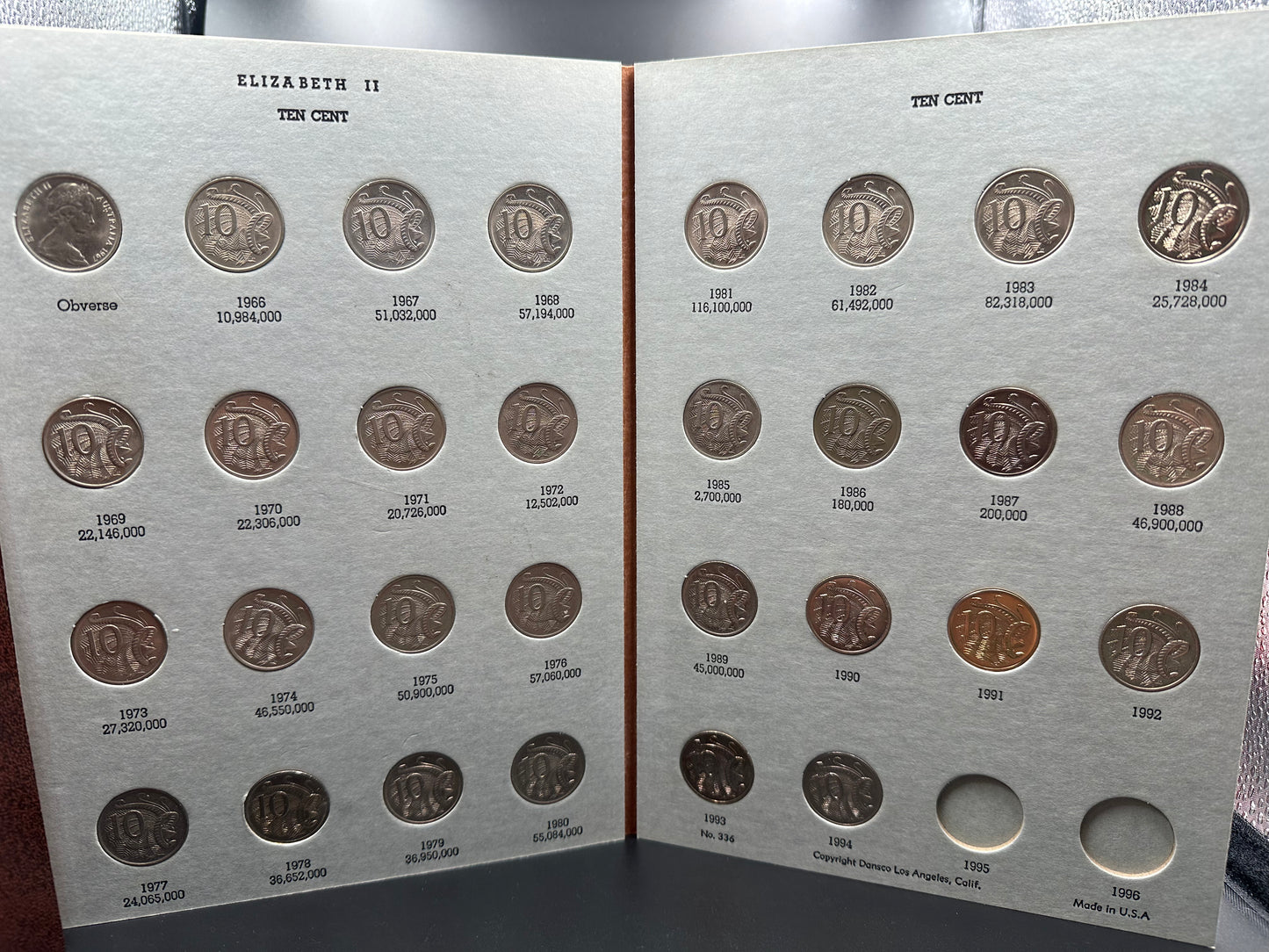 1966 to 1996 Australian 5 and 10 Cent Partial Coin Collection in Dansco Album