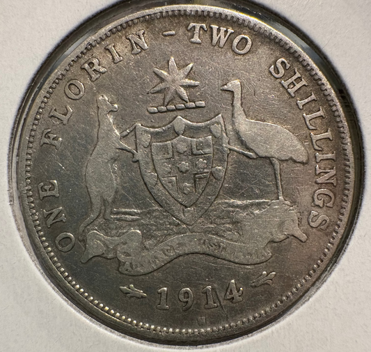 1914 H Australian Florin .925 Silver KM# 27 - Error Die Crack on Reverse