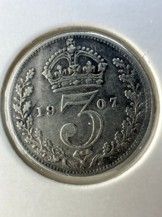 1907 Great Britain UK King Edward VII Silver Threepence