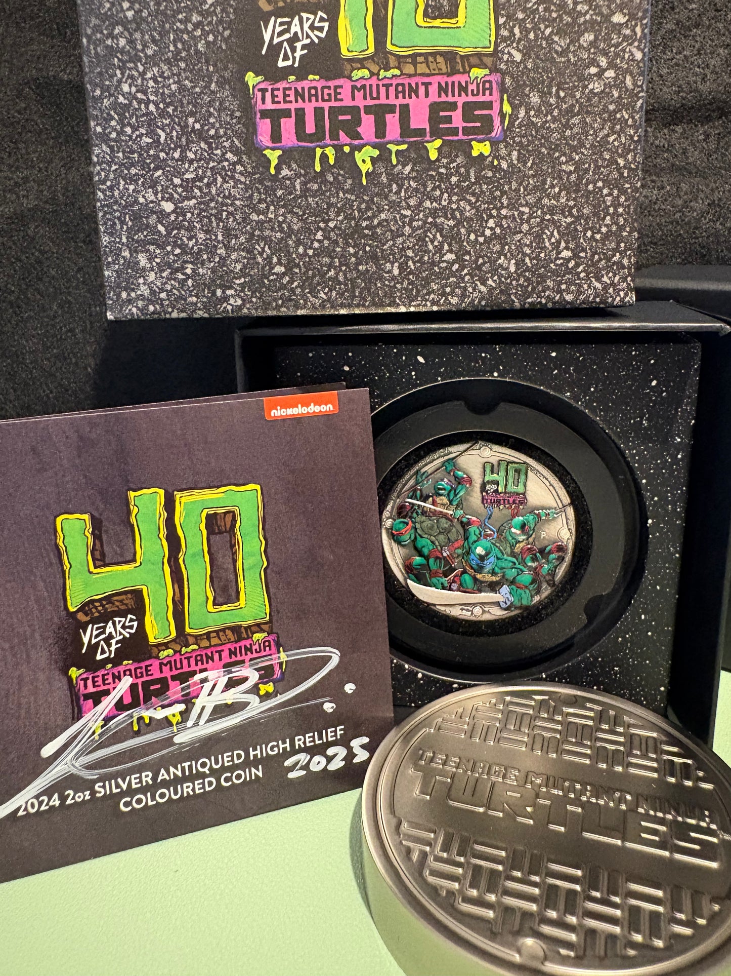 2024 $2 TMNT 40th Anniversary 2oz High Relief Antiqued Coloured Silver Coin signed by Lucas Bowers