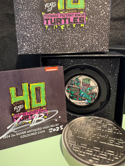 2024 $2 TMNT 40th Anniversary 2oz High Relief Antiqued Coloured Silver Coin signed by Lucas Bowers
