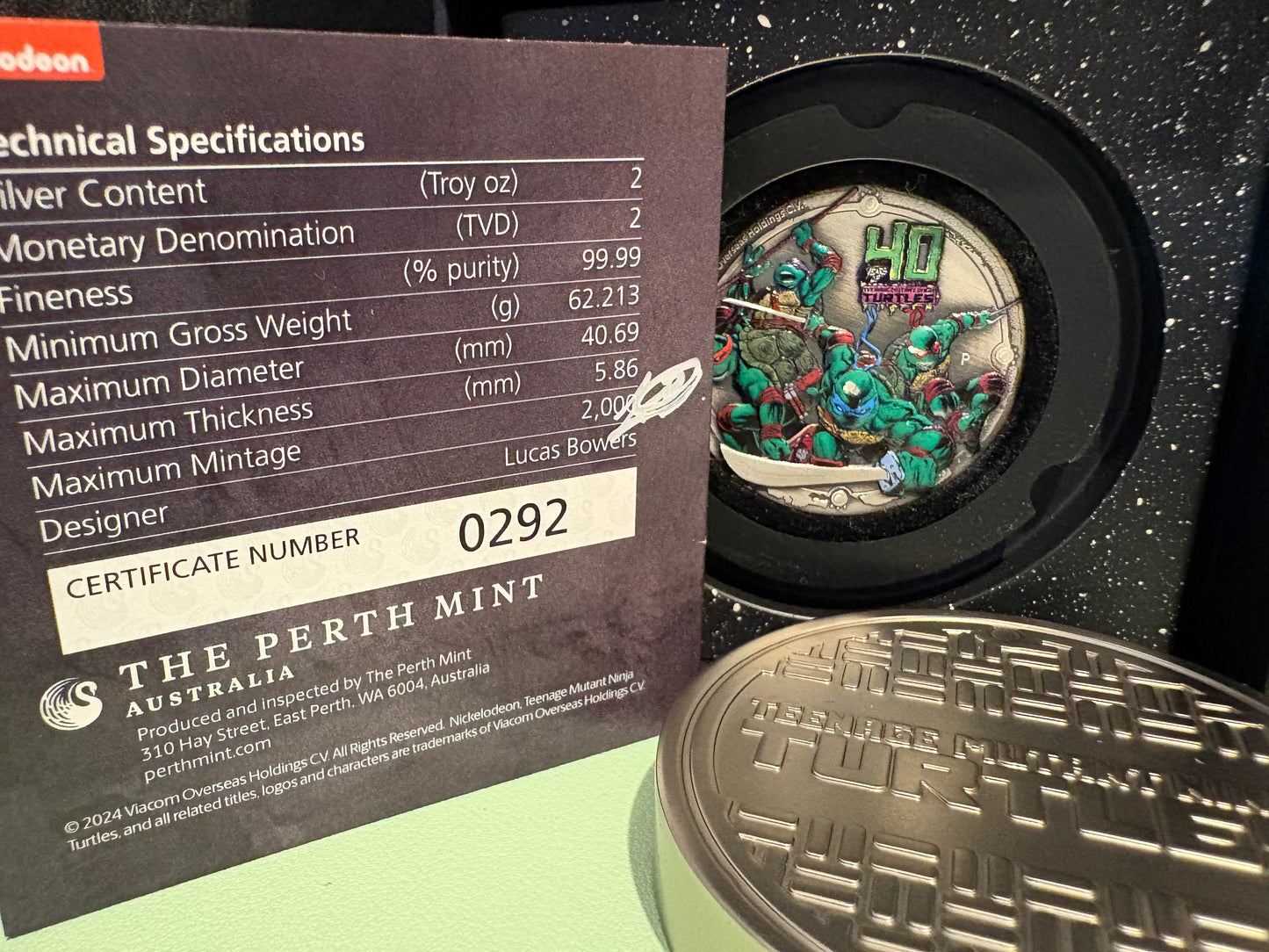 2024 $2 TMNT 40th Anniversary 2oz High Relief Antiqued Coloured Silver Coin signed by Lucas Bowers