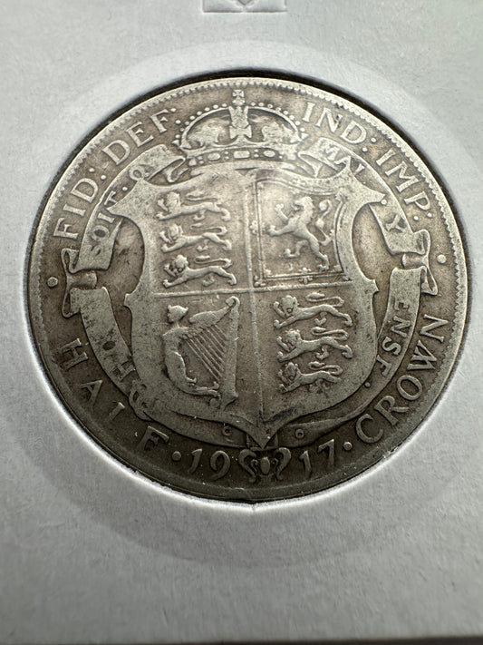 1917 Great Britain UK King George V Silver Half Crown - 92.5% Silver