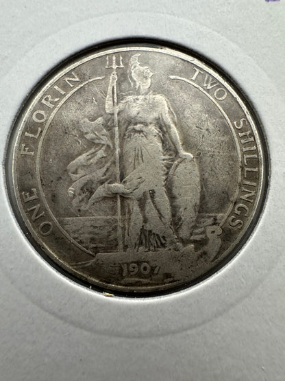 1907 Great Britain UK Edward VII One Florin - Two Shillings - .925 Silver